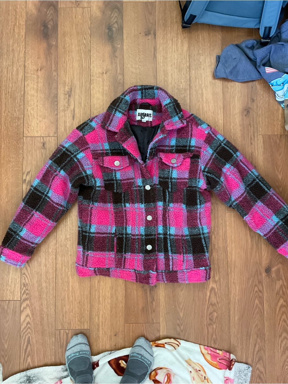Apparis Pink Plaid Sherpa Trucker Jacket with Teal Accents